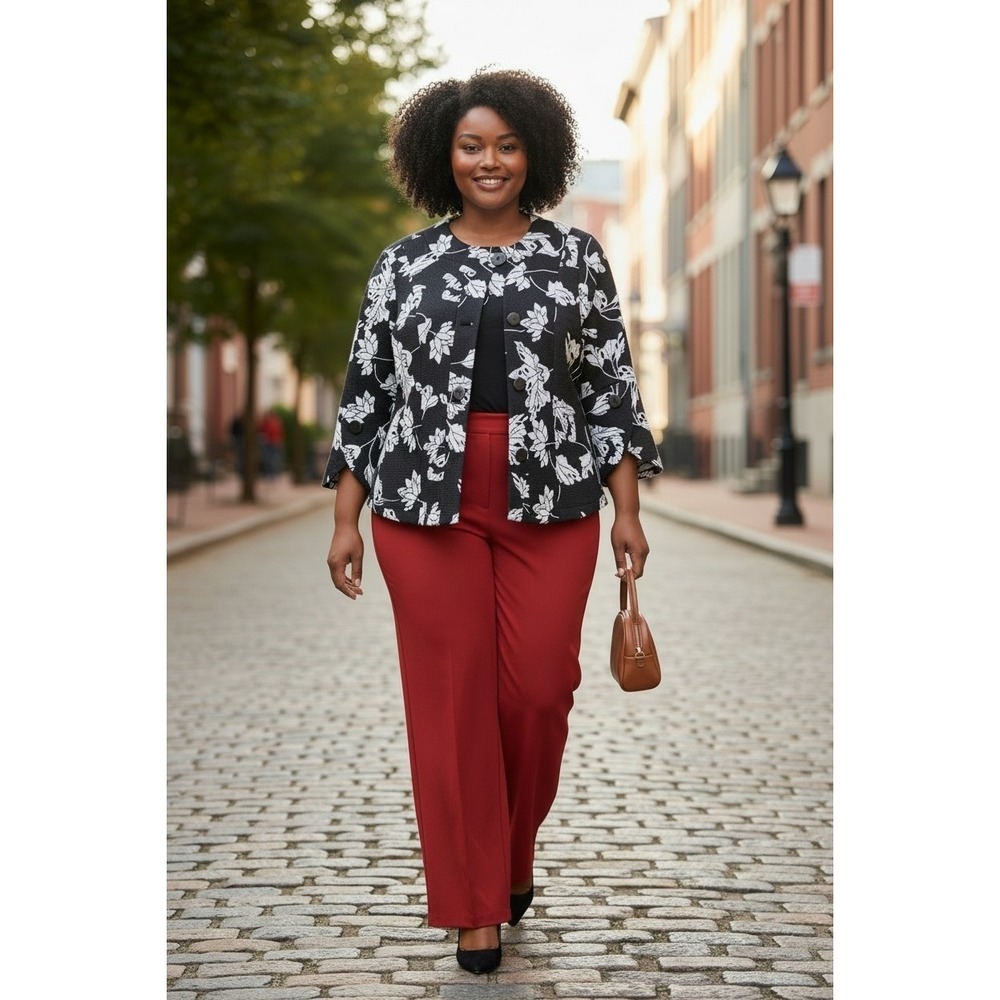 Papillon Blanc Black White Floral Textured Button Front Jacket Bell Sleeve S